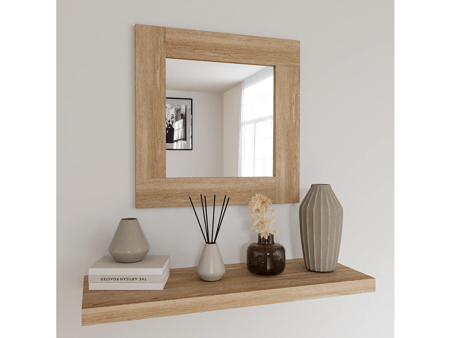 Specchio Quadrato Da Parete Specchiera In Vetro Con Cornice In Legno Soggiorno Ingresso Salotto Sala Da Pranzo Studio Design 73x73x2 cm Quercia