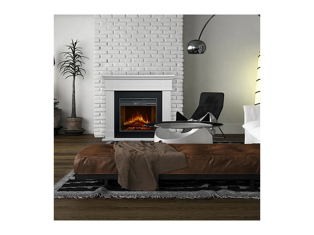 Cheminée électrique sur pied en bois blanc L110 x P25 x H95