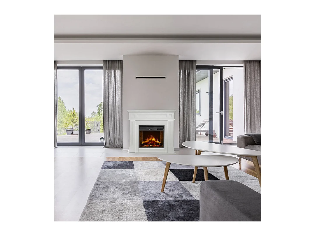 Cheminée électrique sur pied en bois blanc L110 x P25 x H95