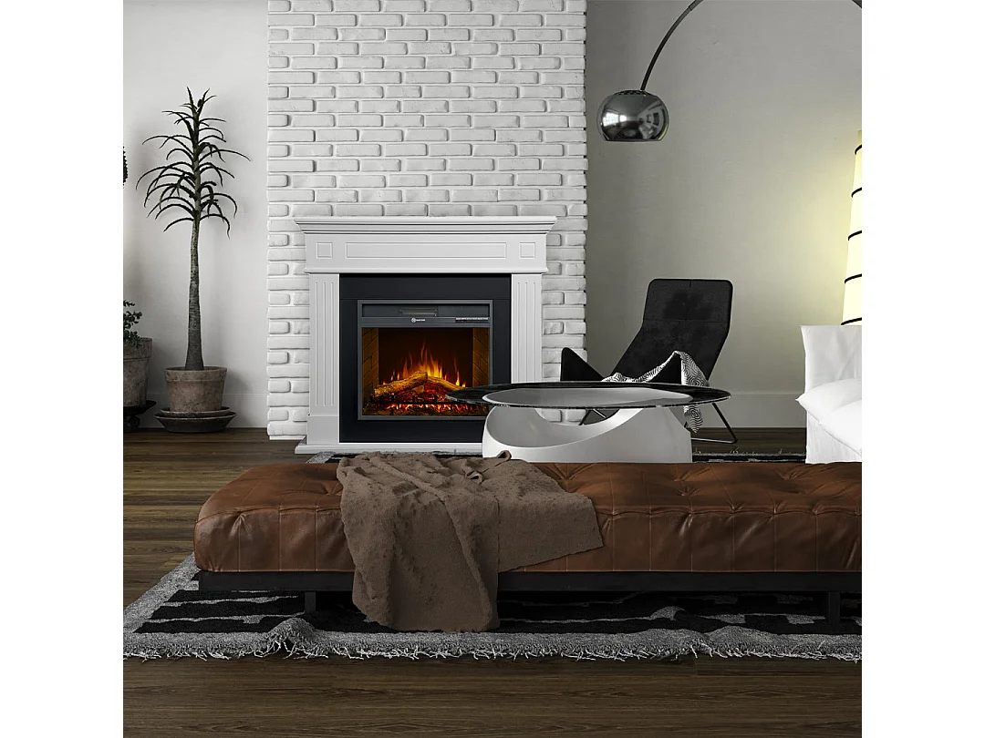 Chimenea eléctrica CAMBRIDGE, chimenea de pie, madera blanca, 110x25x95h