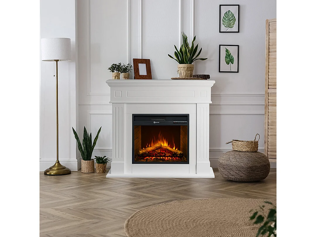 Cheminée électrique CAMBRIDGE, cheminée sur pied, bois blanc, 110x25x95h