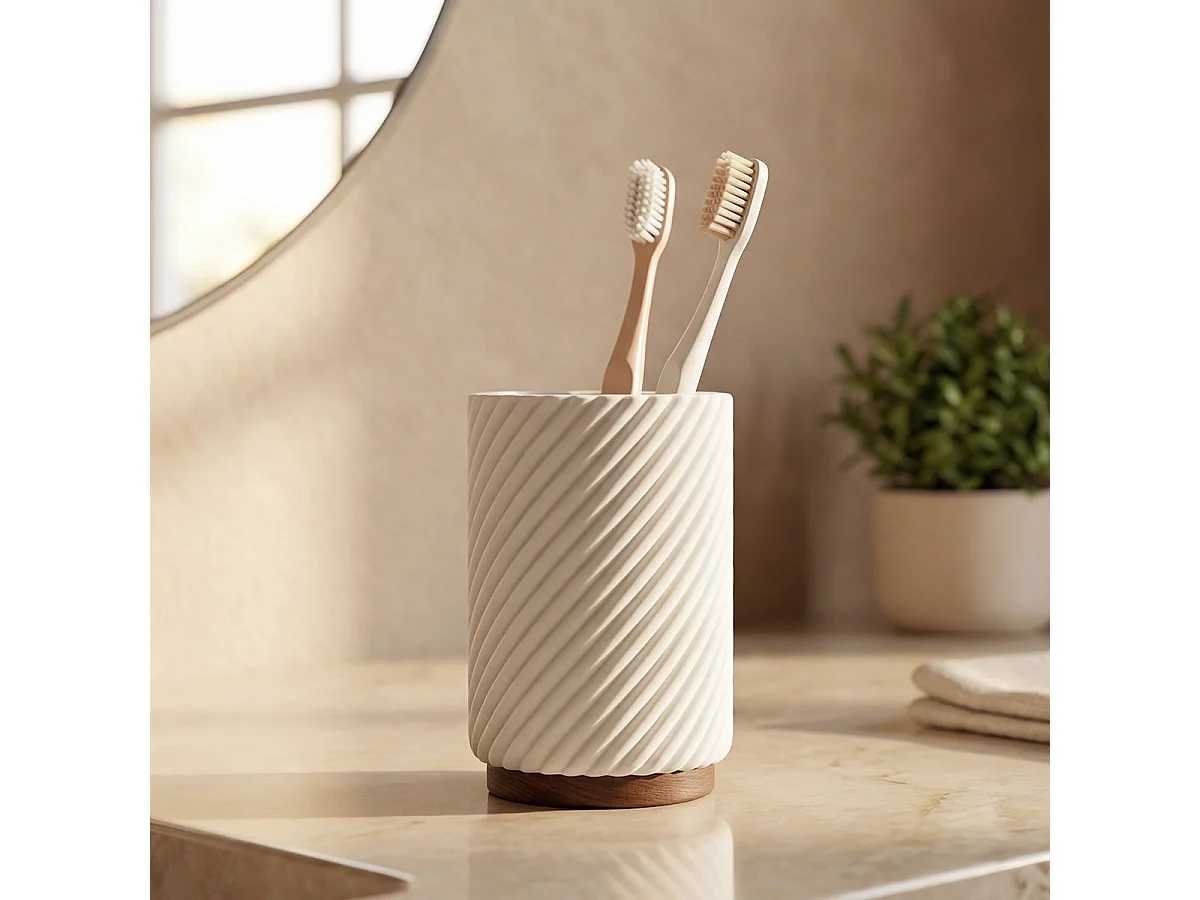 Pot brosse à dents - Résine blanche et bois - ASCOLI