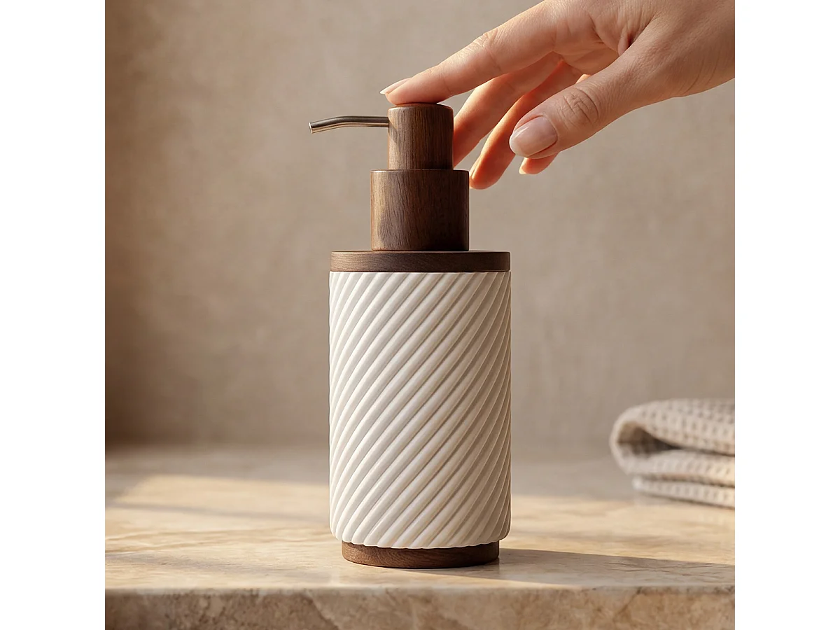 Distributeur de savon - Résine blanche et bois - ASCOLI