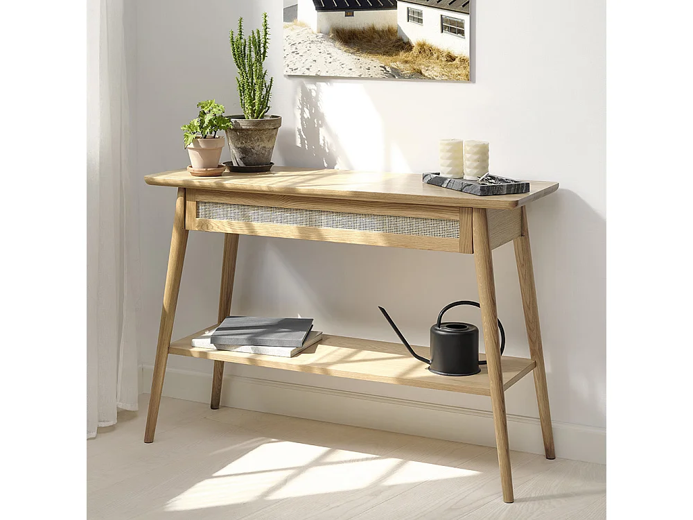 Console 2 plateaux 1 tiroir - Bois et rotin - CAPRI