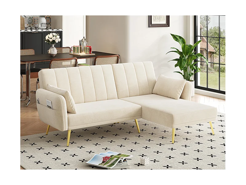 Moderne Klappcouch - L-Form Couch - Schlafsofa mit Zusatzecke - beige