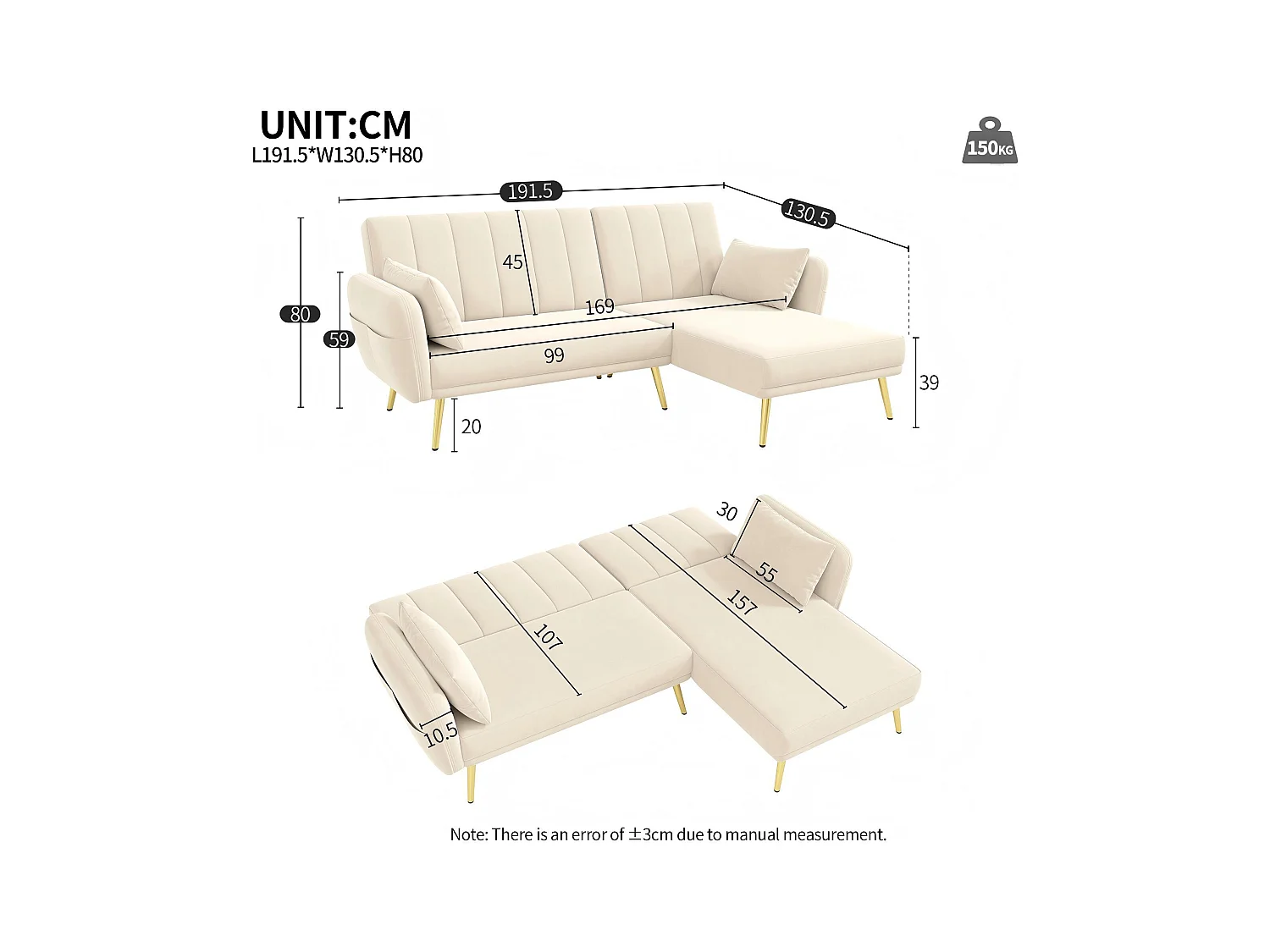 Canapé pliant moderne - Canapé en L - Canapé-lit avec coin supplémentaire - Beige