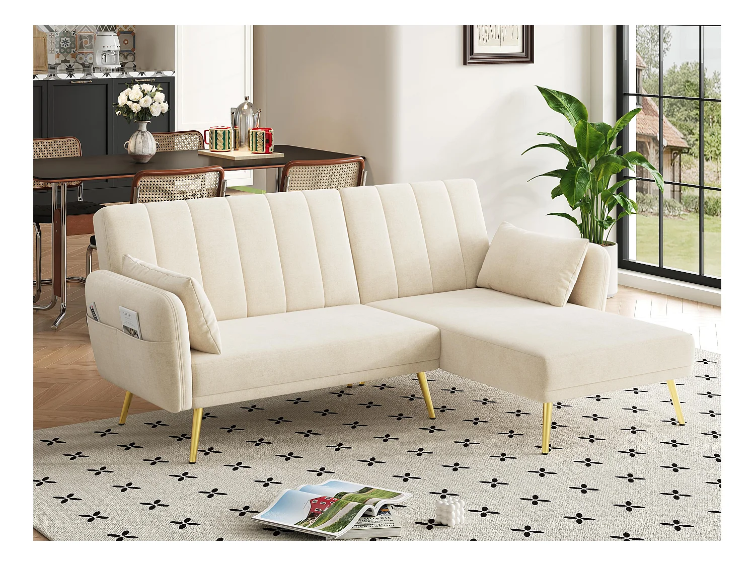 Nowoczesna składana sofa - Narożnik w kształcie L - Rozkładana sofa z dodatkowym narożnikiem - beżowy