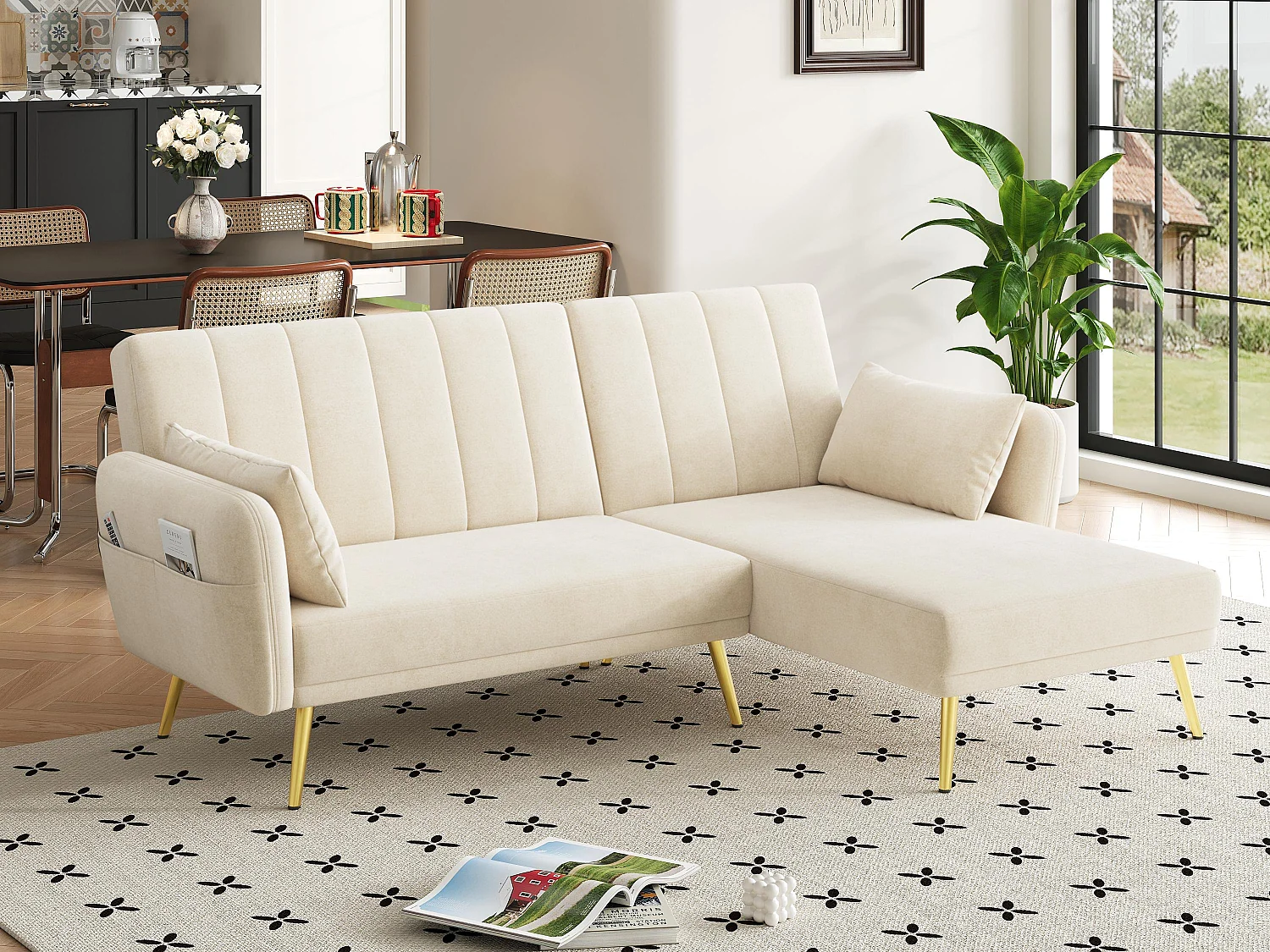 Canapé pliant moderne - Canapé en L - Canapé-lit avec coin supplémentaire - Beige