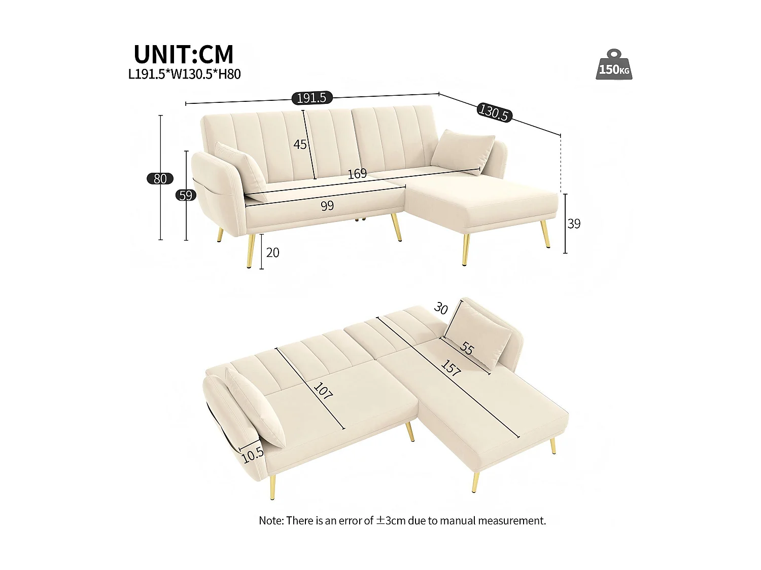 Canapé pliant moderne - Canapé en L - Canapé-lit avec coin supplémentaire - Beige