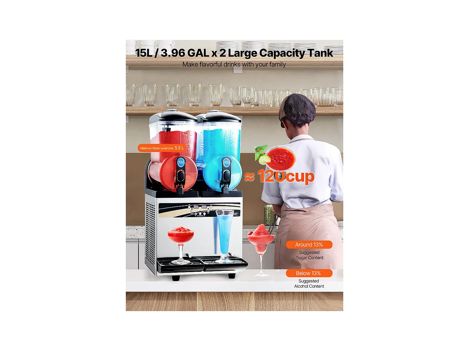 Machine à Granité SucceBuy, 2 Réservoirs de 15 L, Acier Inoxydable, Distributeur de Boissons Glacées, pour Maison, Restaurants, Cafés, Bars
