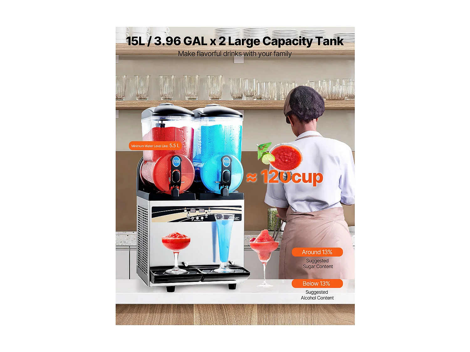 Máquina de Granito SucceBuy, 2 Depósitos de 15 L, Acero Inoxidable, Distribuidor de Bebidas Heladas, para Hogar, Restaurantes, Cafés, Bares