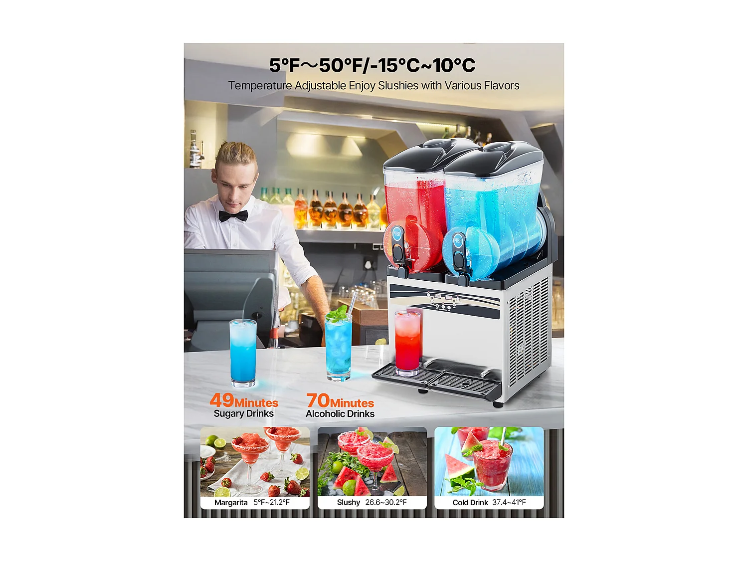 Máquina de Granito SucceBuy, 2 Depósitos de 15 L, Acero Inoxidable, Distribuidor de Bebidas Heladas, para Hogar, Restaurantes, Cafés, Bares