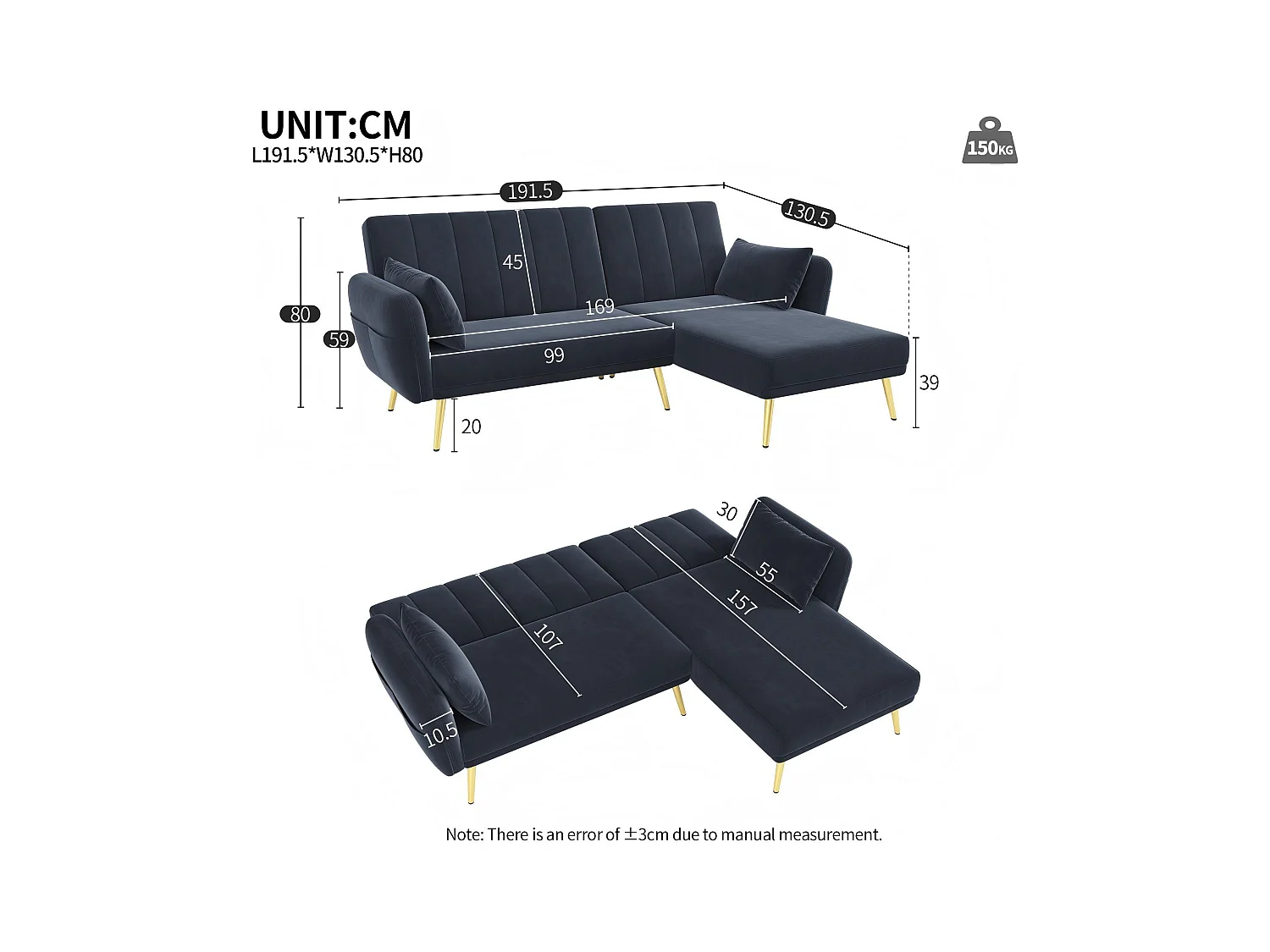 Canapé pliant moderne - Canapé en L - Canapé-lit avec coin supplémentaire - noir