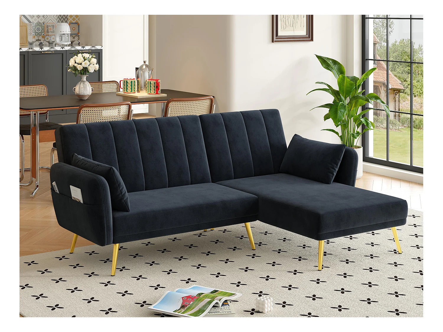 Nowoczesna składana sofa - Narożnik w kształcie L - Rozkładana sofa z dodatkowym narożnikiem - czarny