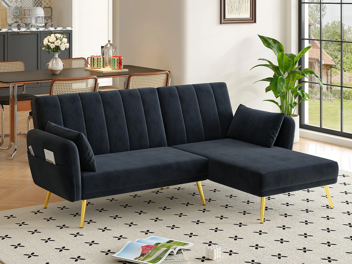 Canapé pliant moderne - Canapé en L - Canapé-lit avec coin supplémentaire - noir