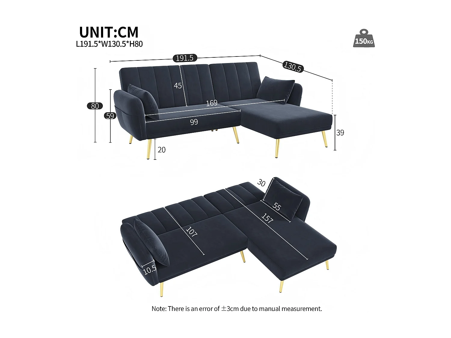 Canapé pliant moderne - Canapé en L - Canapé-lit avec coin supplémentaire - noir