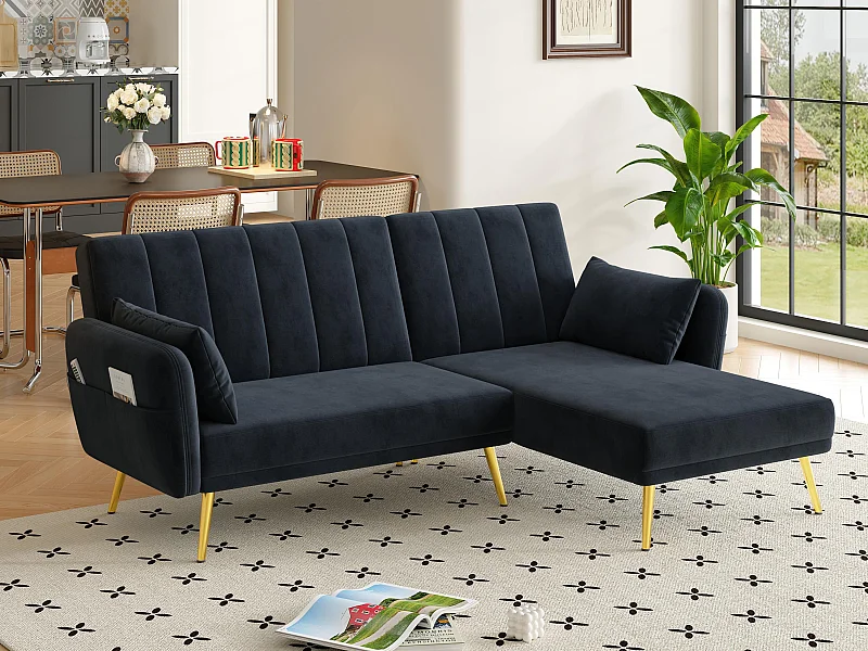 Canapé pliant moderne - Canapé en L - Canapé-lit avec coin supplémentaire - noir