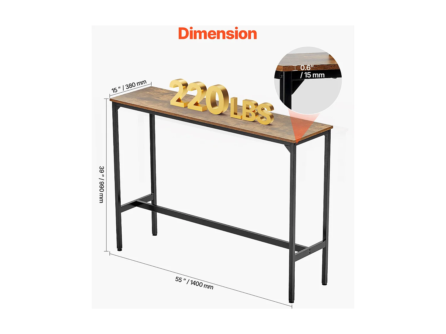 Bartisch SucceBuy, 139.7x38.1x99.1cm, Hoher Tisch mit Solider Metallstruktur, Schmale Lange Theke für Cocktails, Einfach zu Montieren