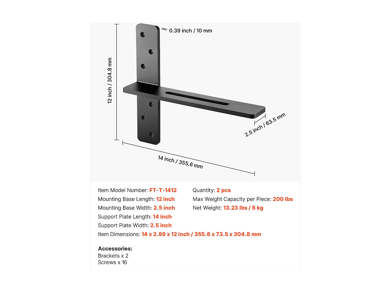 Supports d'Étagère SucceBuy en T, Lot de 2, Capacité de Charge de 90 kg, Dimensions 35.56x 7.35 x 30.48 cm, Supports d'Étagères en Acier Durables