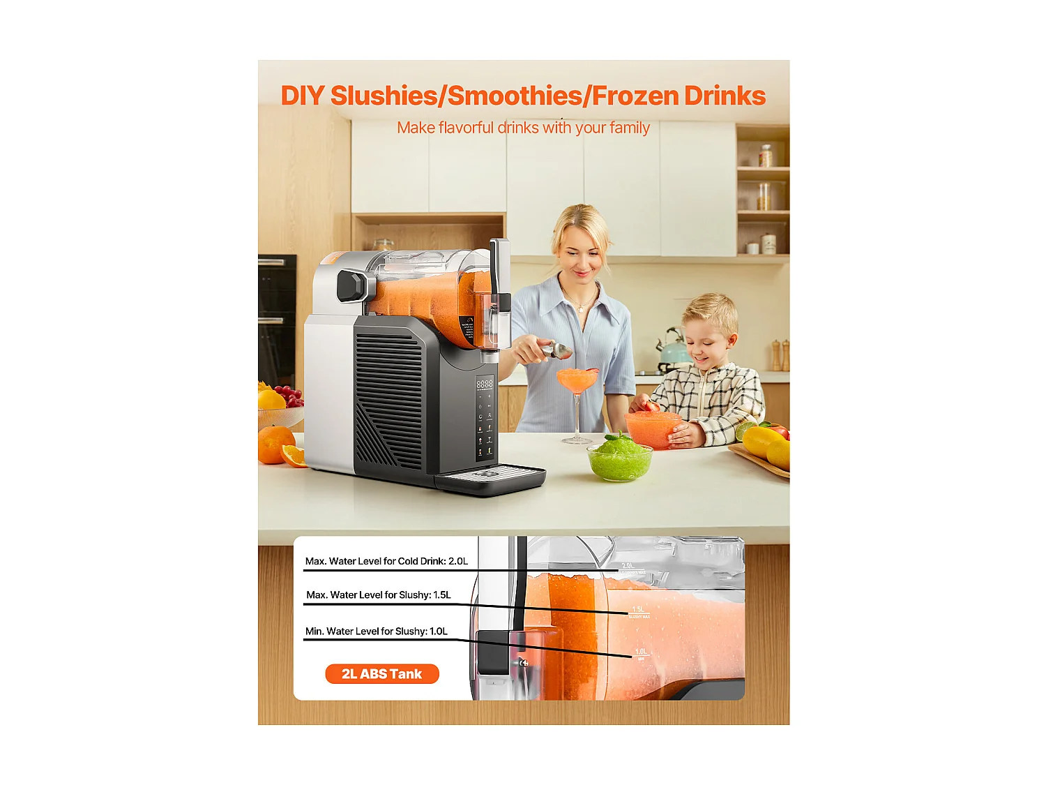 Machine à Granité SucceBuy, Capacité 2 L, Acier Inoxydable, Autonettoyante, Distributeur de Boissons Glacées, pour Maison, Restaurants, Cafés, Bars