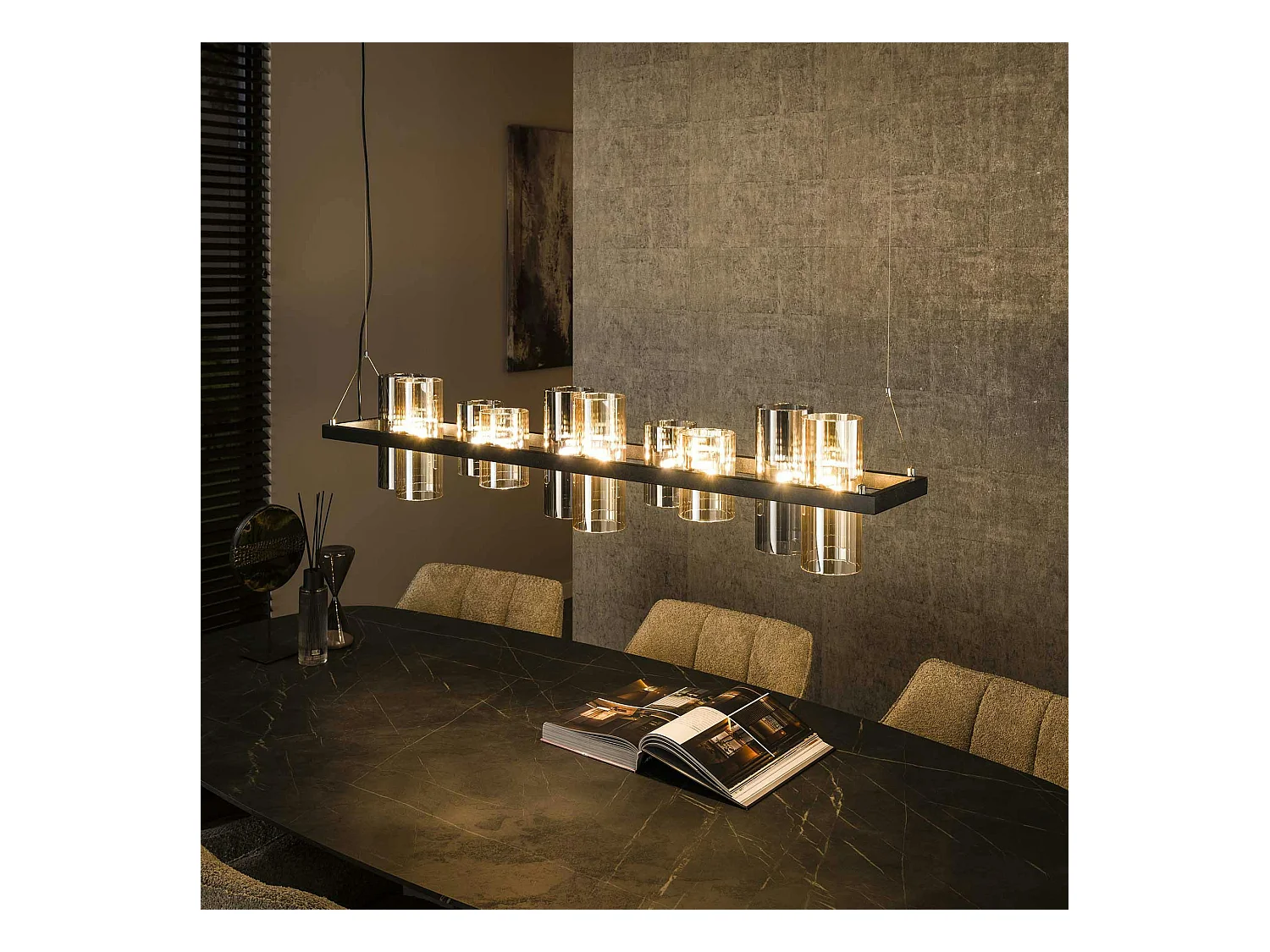 Suspension en verre ambré et chromé, 10 abat-jour RALF