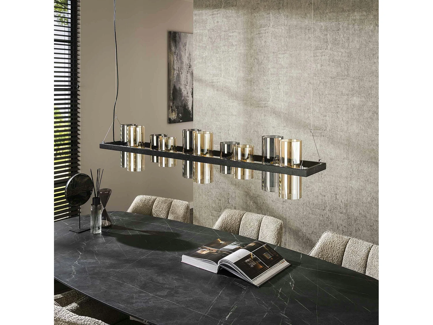 Suspension en verre ambré et chromé, 10 abat-jour RALF