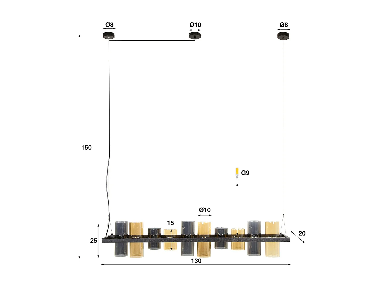 Suspension en verre ambré et chromé, 10 abat-jour RALF