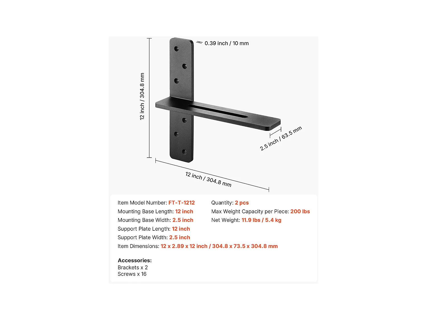 Support d'Étagère SucceBuy Flottante, 30.48x7.35x30.48 cm, Supports Muraux Invisibles en T Robustes, Lot de 2, Capacité de Charge 90 kg, avec Vis
