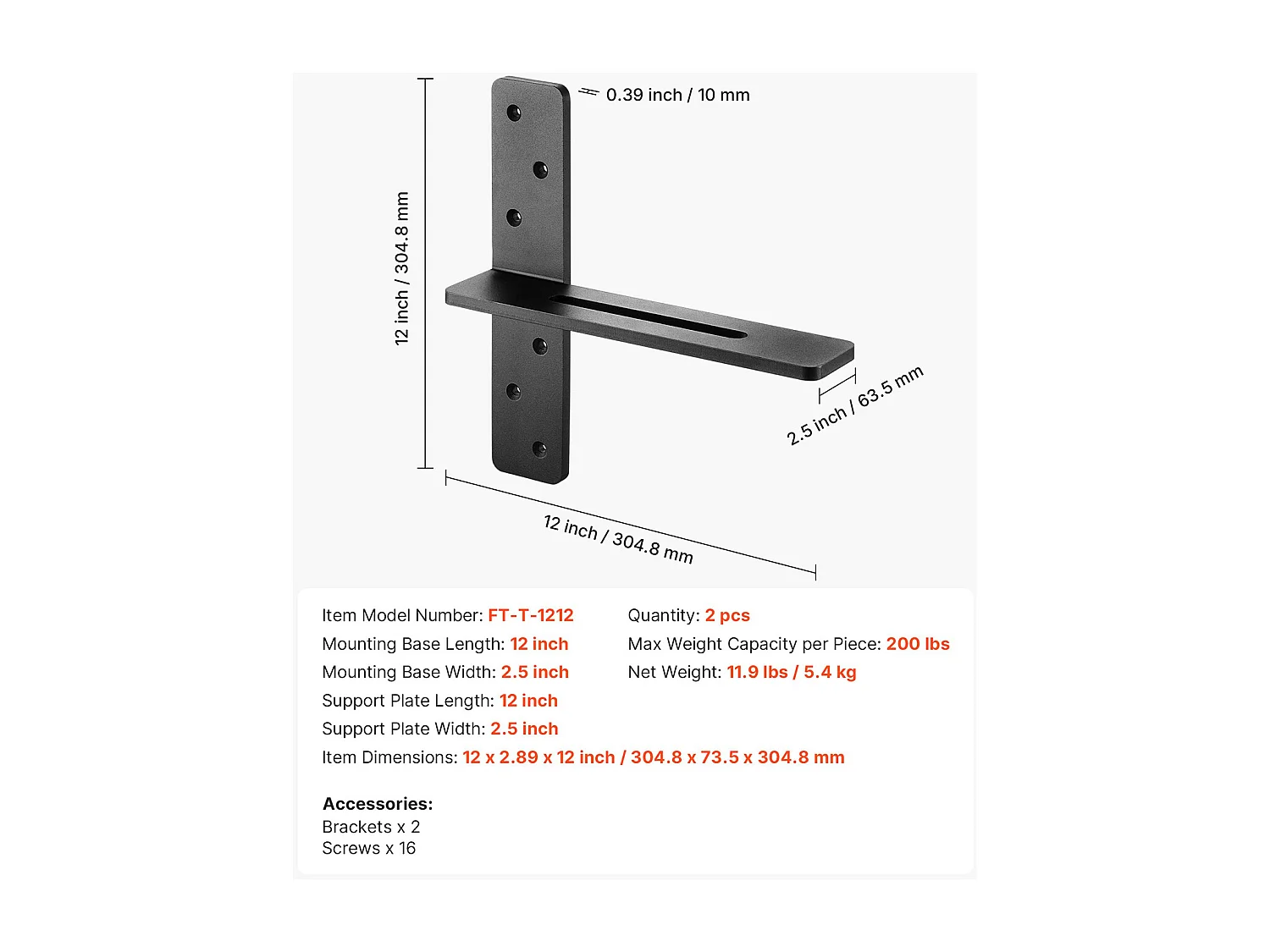 Support d'Étagère SucceBuy Flottante, 30.48x7.35x30.48 cm, Supports Muraux Invisibles en T Robustes, Lot de 2, Capacité de Charge 90 kg, avec Vis