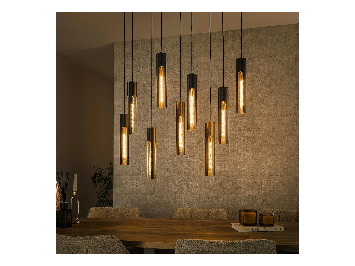 Suspension noire 9 abat-jour forme tube RALF