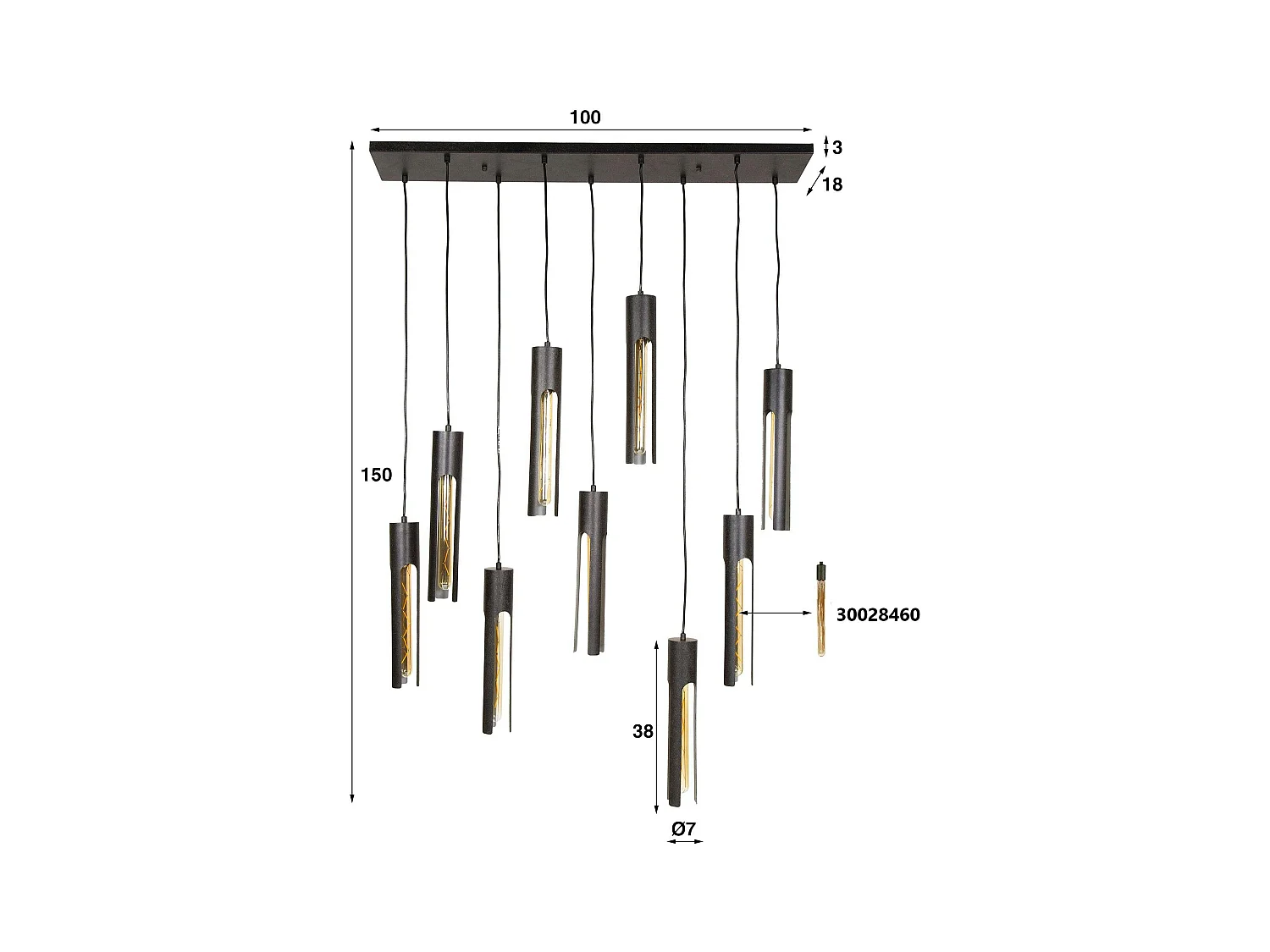 Suspension noire 9 abat-jour forme tube RALF