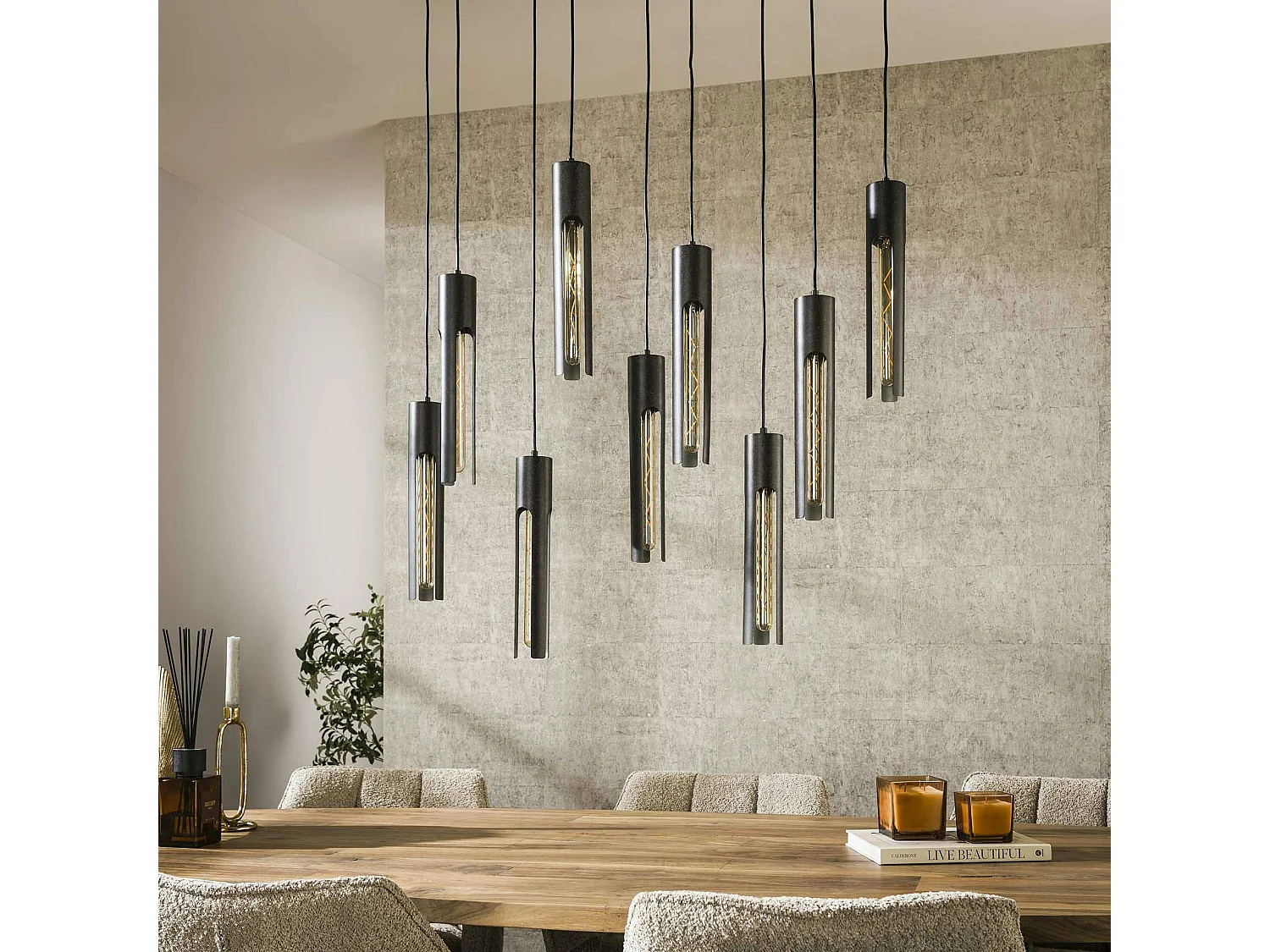 Suspension noire 9 abat-jour forme tube RALF