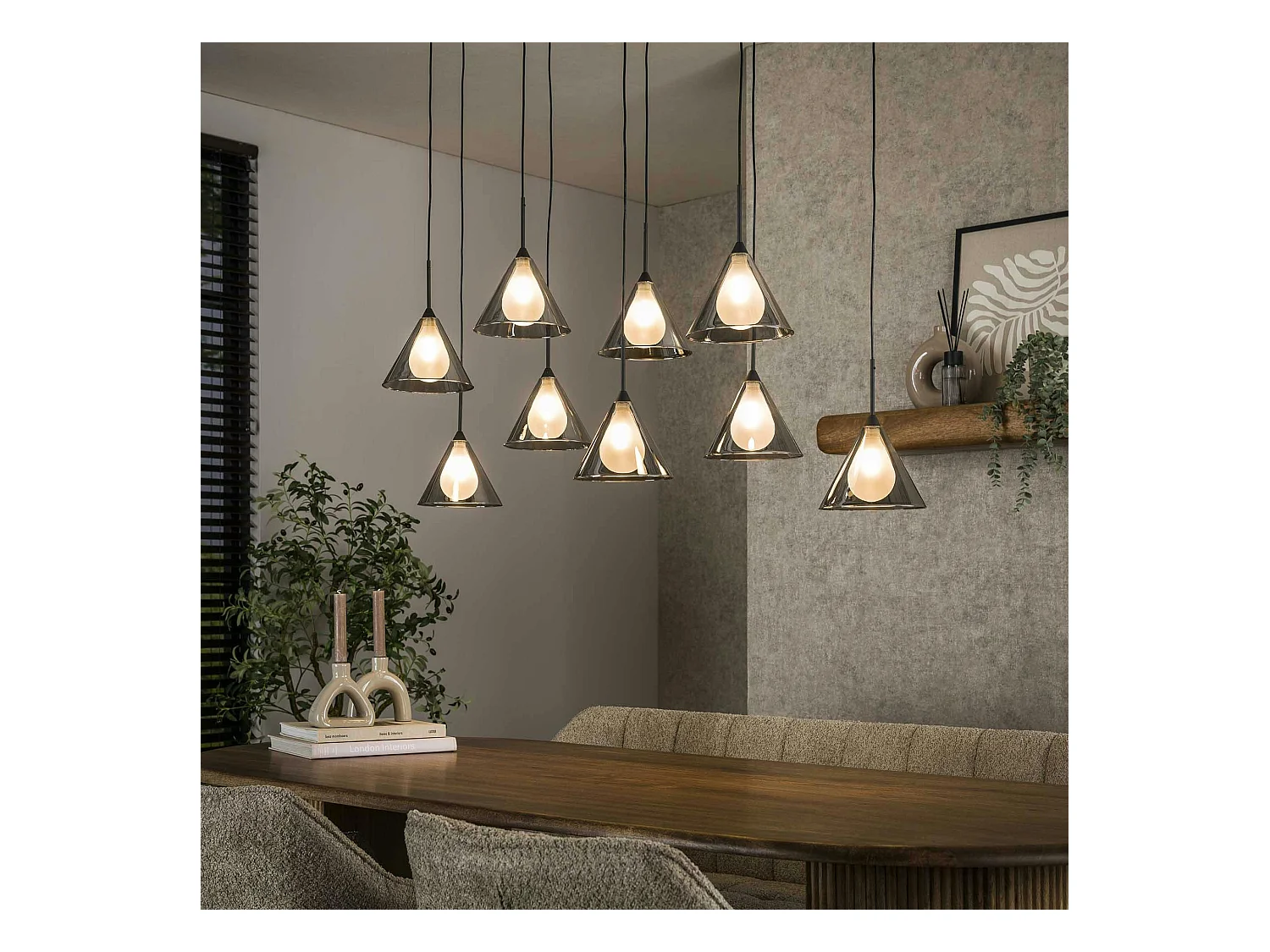 Suspension design en verre fumé 9 abat-jour coniques RALF