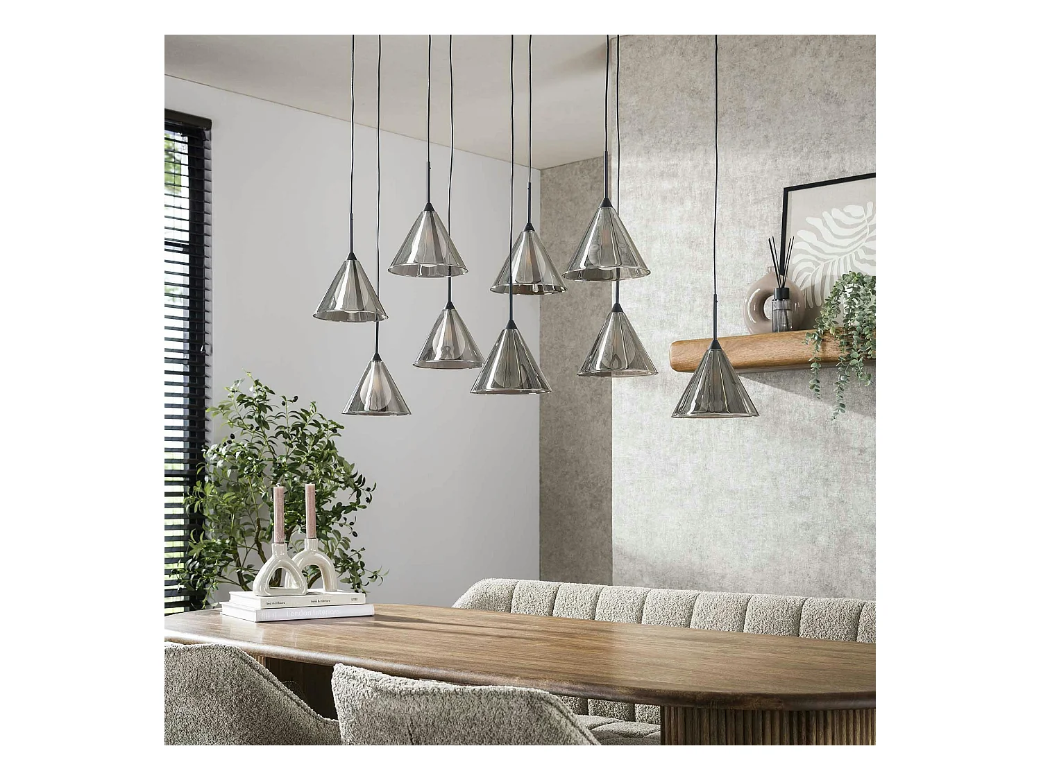 Suspension design en verre fumé 9 abat-jour coniques RALF