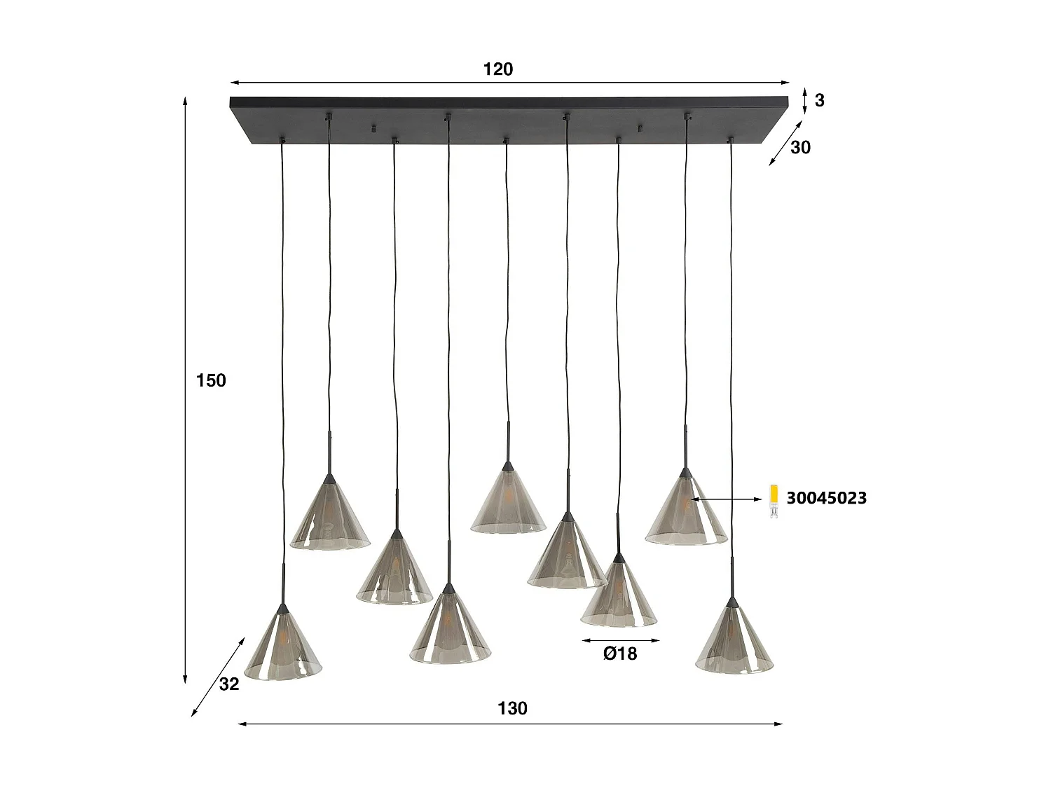 Suspension design en verre fumé 9 abat-jour coniques RALF