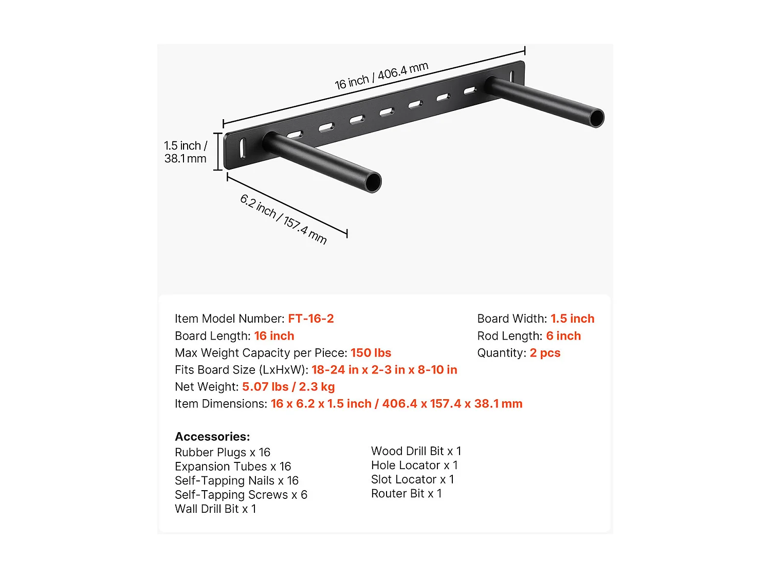 Support d'Étagère SucceBuy Flottante Robuste, 40.64x15.74x3.81 cm, Lot de 2, Capacité de Charge 68 kg, avec Accessoires, Fixation Murale Dissimulée