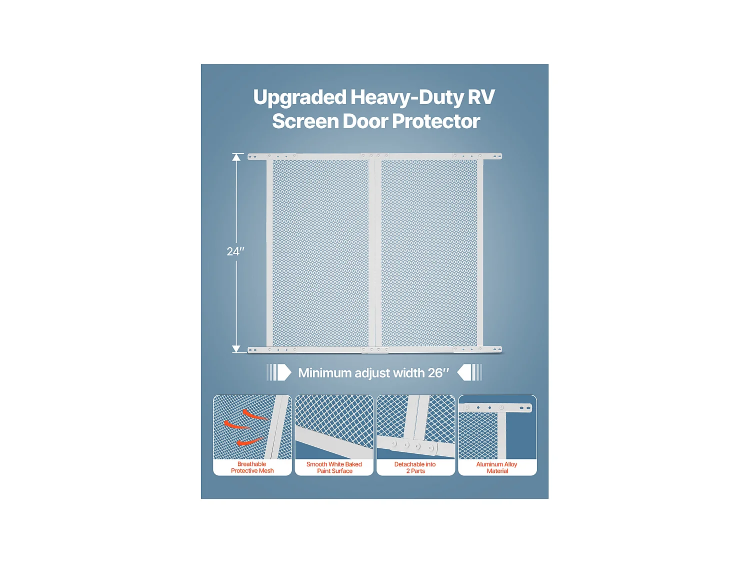 Moustiquaire de Porte SucceBuy de Camping-Car 66.04 x 60.96 cm, Facile à Installer, Filet de Protection pour Animaux en Alliage d'Aluminium Robuste, Blanc