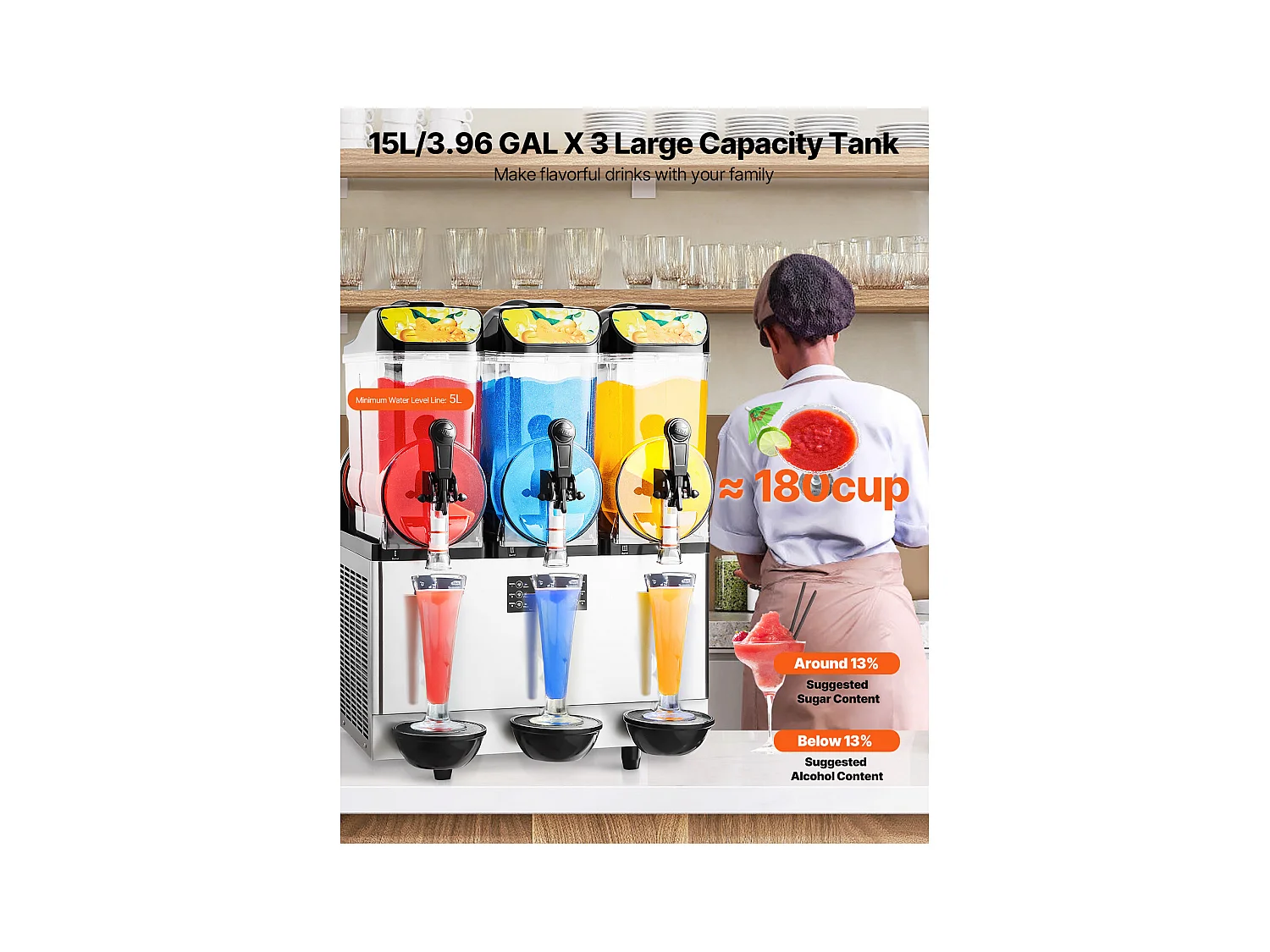 Machine à Granité SucceBuy, 3 Réservoirs de 15 L, Acier Inoxydable, Distributeur de Boissons Glacées, pour Maison, Restaurants, Cafés, Bars