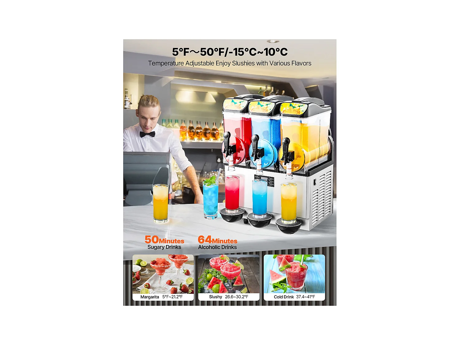 Machine à Granité SucceBuy, 3 Réservoirs de 15 L, Acier Inoxydable, Distributeur de Boissons Glacées, pour Maison, Restaurants, Cafés, Bars