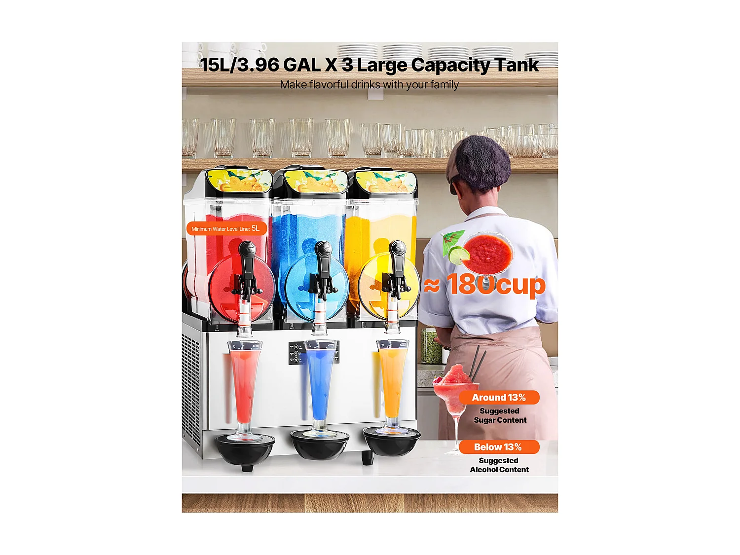 Machine à Granité SucceBuy, 3 Réservoirs de 15 L, Acier Inoxydable, Distributeur de Boissons Glacées, pour Maison, Restaurants, Cafés, Bars