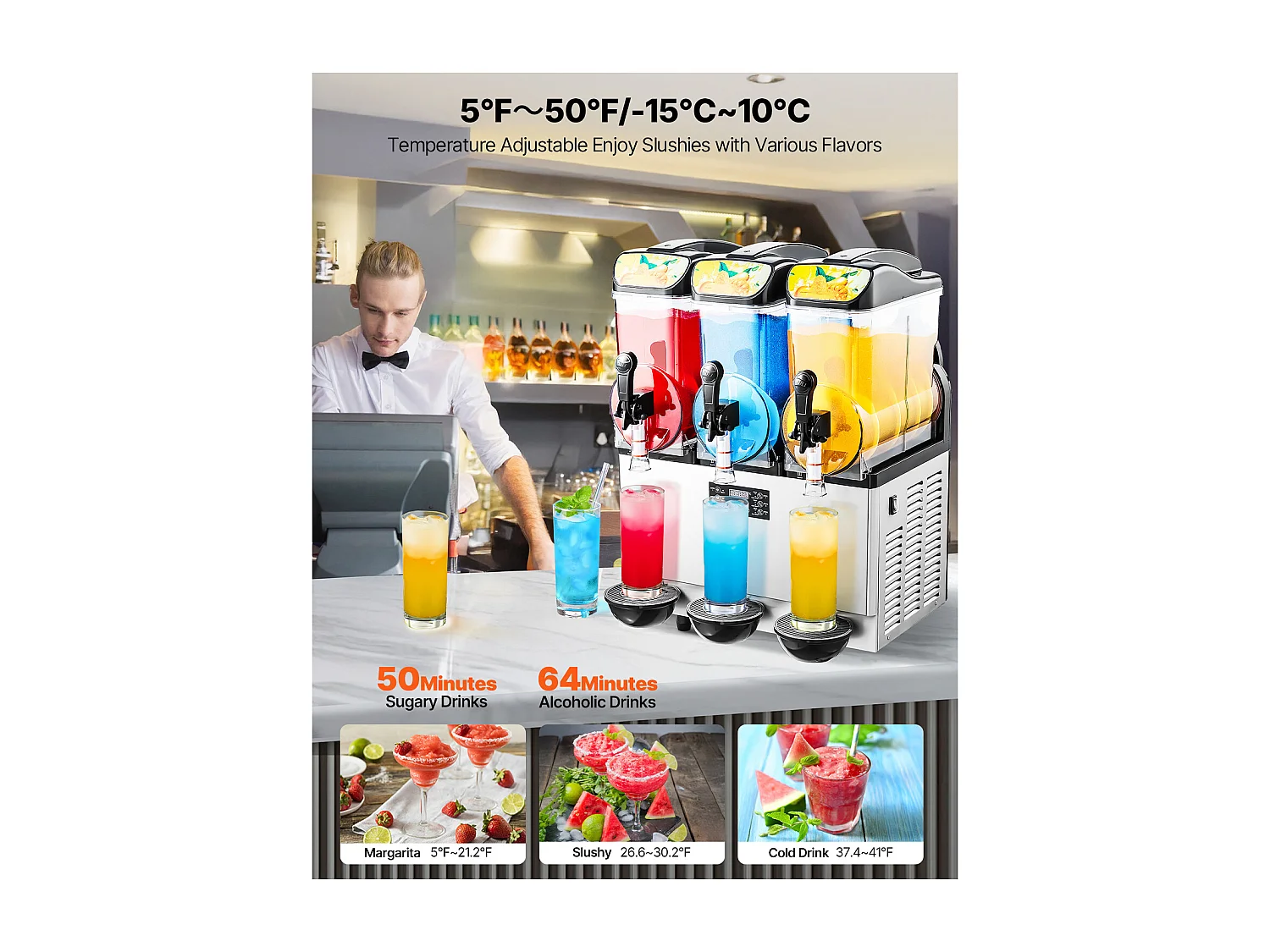 Machine à Granité SucceBuy, 3 Réservoirs de 15 L, Acier Inoxydable, Distributeur de Boissons Glacées, pour Maison, Restaurants, Cafés, Bars