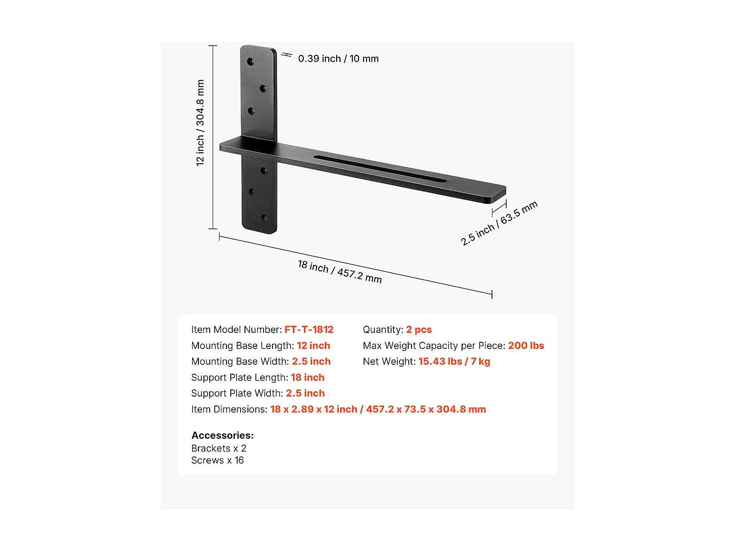 Supports d'Étagère SucceBuy en T Robustes, Lot de 2, Capacité de Charge de 90 kg, 45.72 x 7.35 x 30.48 cm, pour Étagères et Supports de Comptoir