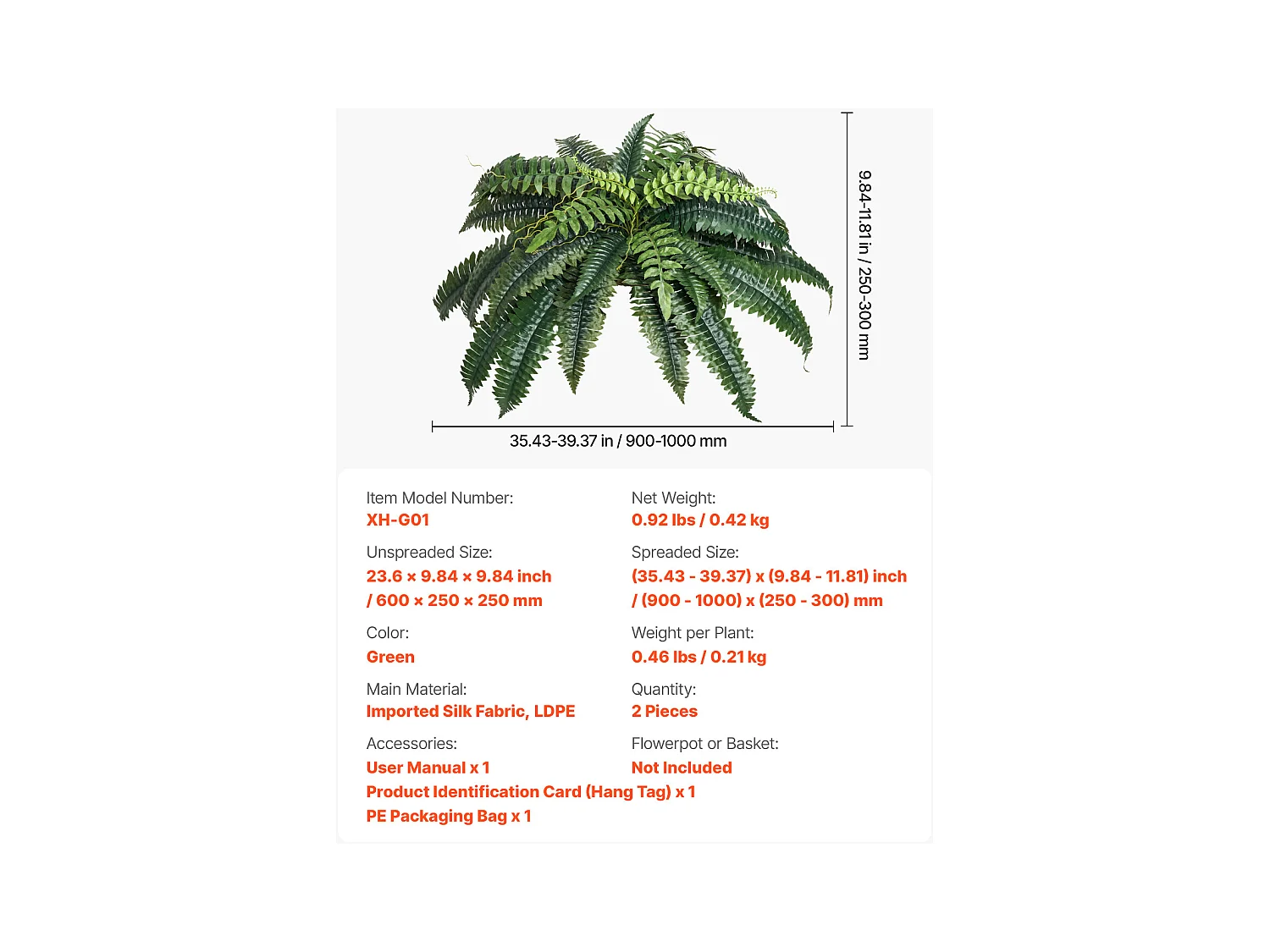 Fougère Artificielle SucceBuy, Lot de 2, Fausse Fougère de Boston 90-100 cm, 35 Feuilles, Suspendue, Décoration Int/Ext, Maison/Bureau, Pot Non Inclus