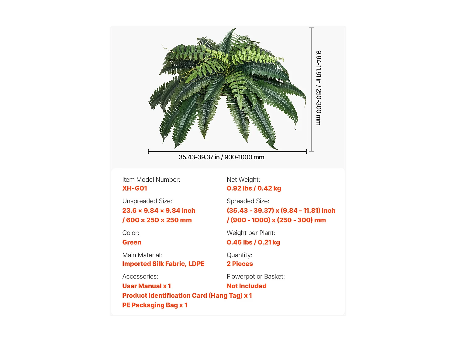 Fougère Artificielle SucceBuy, Lot de 2, Fausse Fougère de Boston 90-100 cm, 35 Feuilles, Suspendue, Décoration Int/Ext, Maison/Bureau, Pot Non Inclus