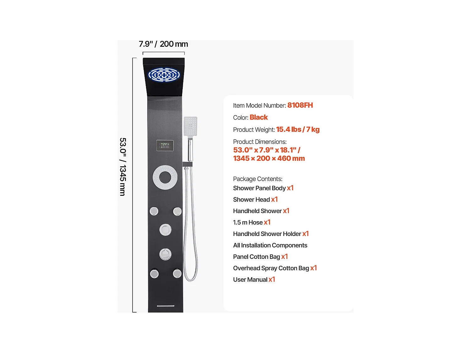 Colonne de Douche avec Pommeau de Douche Effet Pluie SucceBuy en Acier Inoxydable, Robinet 6 Fonctions, 5 Jets Corporels et Douchette à Main, 1345 mm