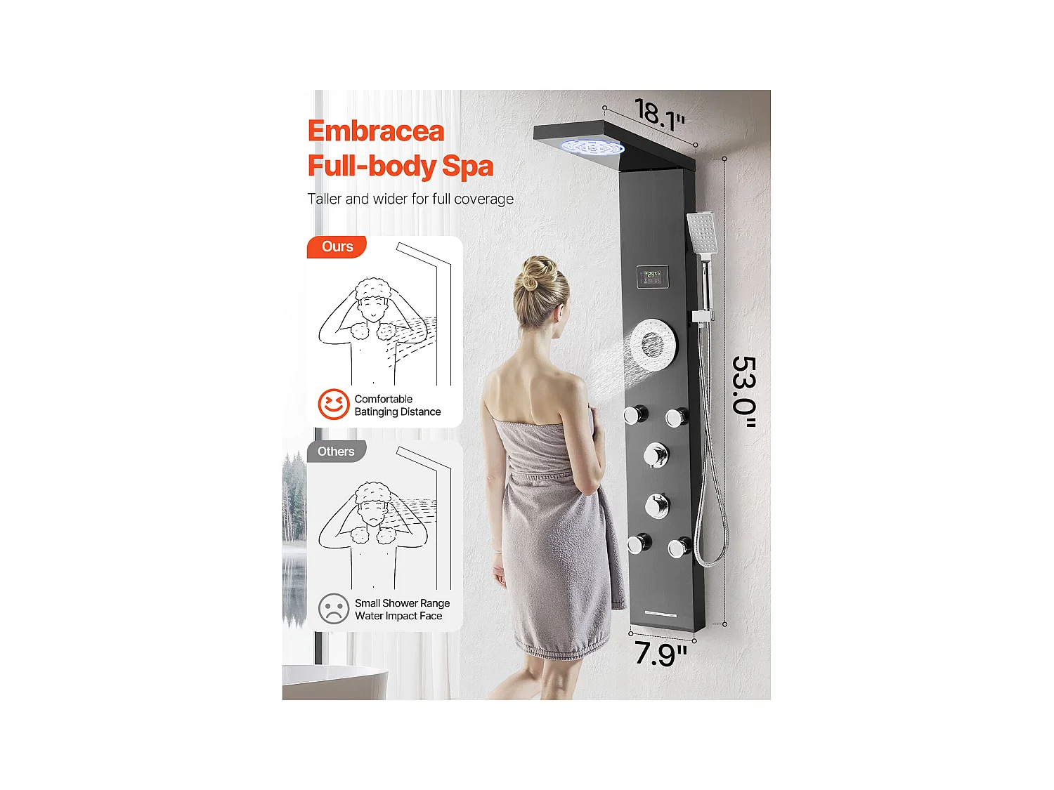 Colonne de Douche avec Pommeau de Douche Effet Pluie SucceBuy en Acier Inoxydable, Robinet 6 Fonctions, 5 Jets Corporels et Douchette à Main, 1345 mm