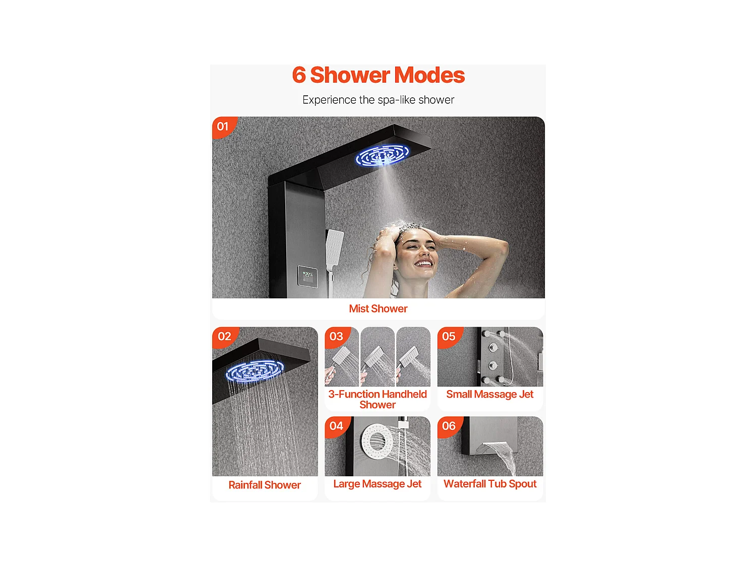 Colonne de Douche avec Pommeau de Douche Effet Pluie SucceBuy en Acier Inoxydable, Robinet 6 Fonctions, 5 Jets Corporels et Douchette à Main, 1345 mm