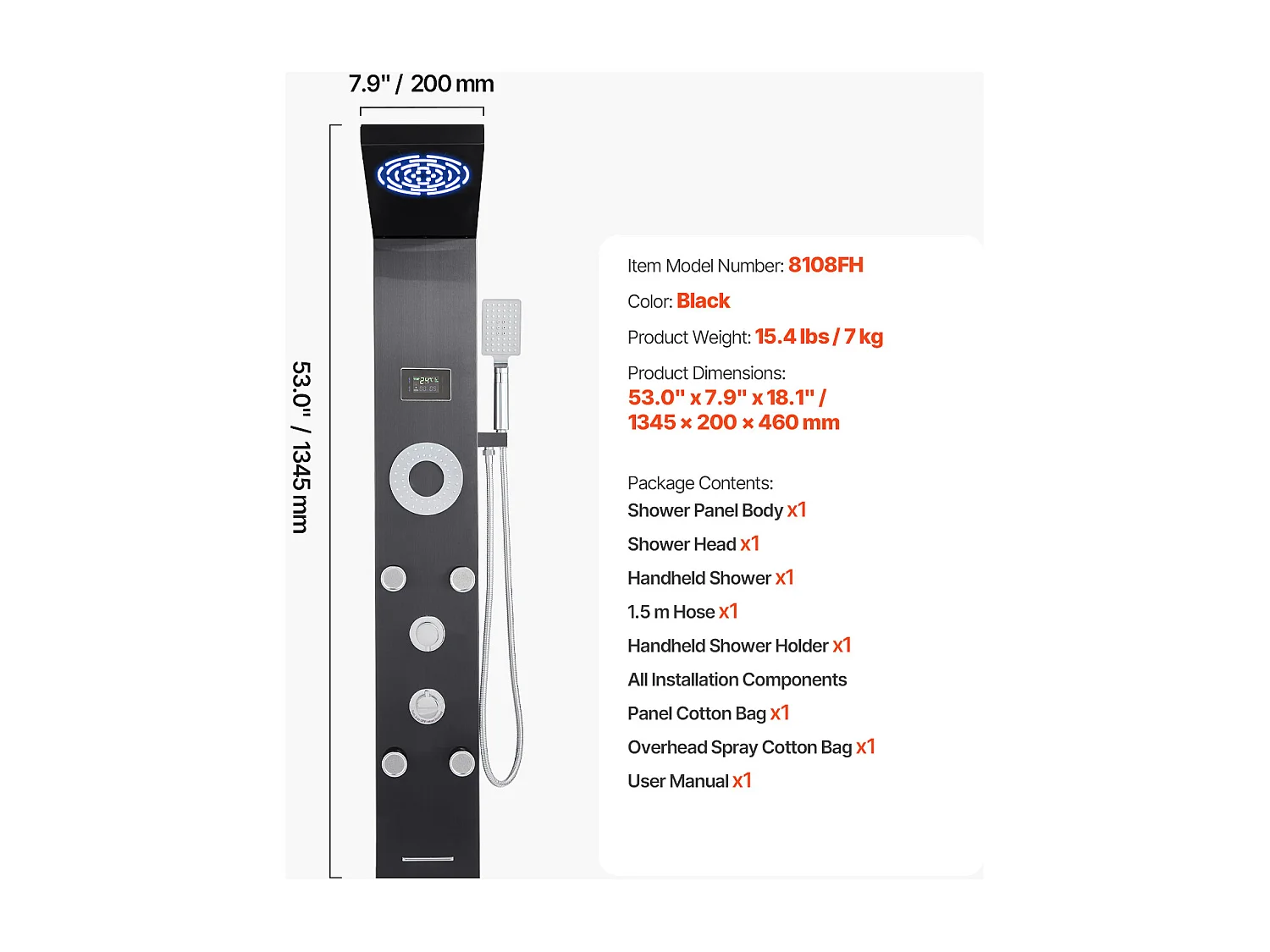 Colonna Doccia con Soffione Effetto Pioggia SucceBuy in Acciaio Inossidabile, Rubinetto 6 Funzioni, 5 Getti per il Corpo e Doccetta, 1345 mm