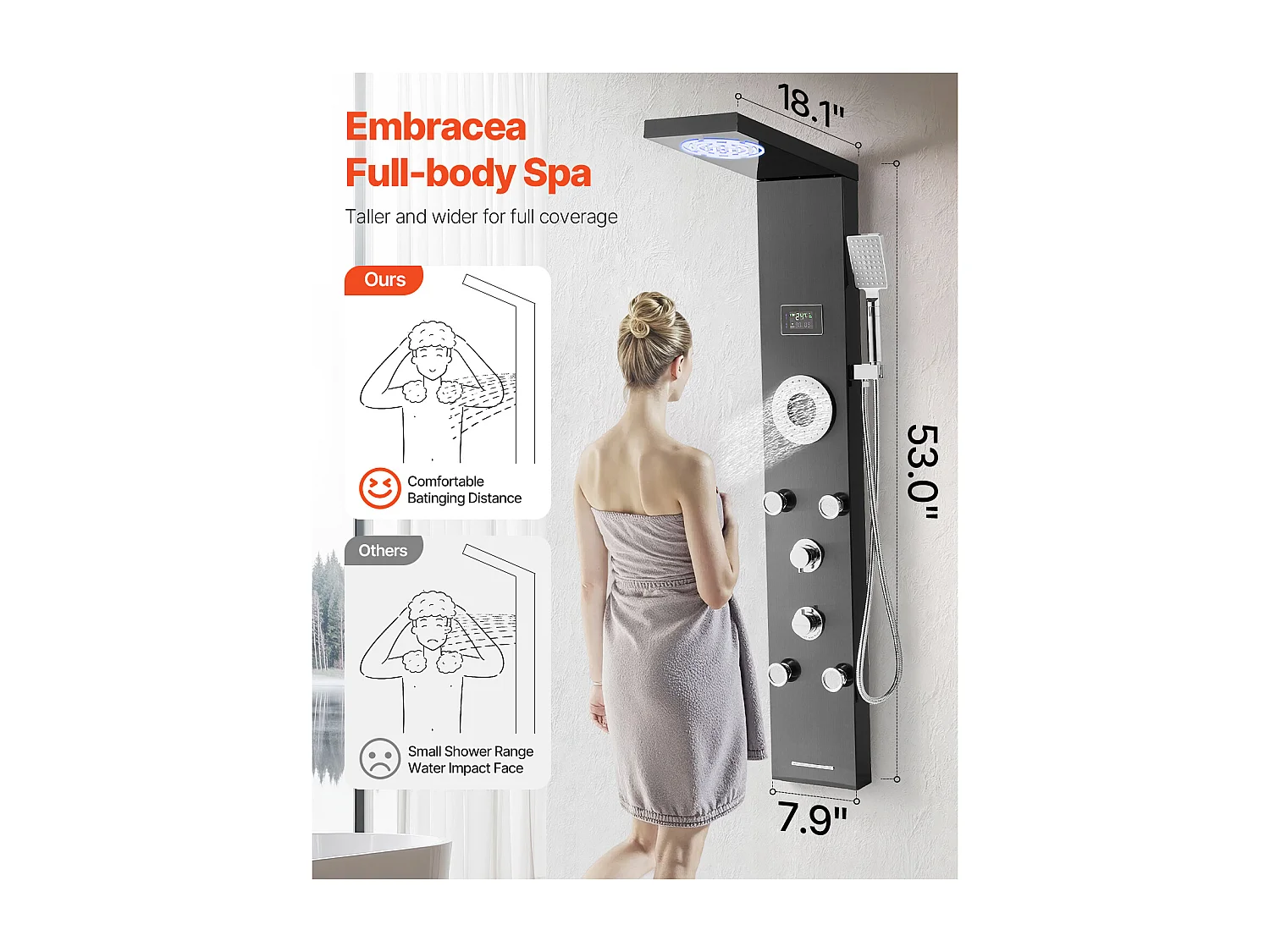 Colonna Doccia con Soffione Effetto Pioggia SucceBuy in Acciaio Inossidabile, Rubinetto 6 Funzioni, 5 Getti per il Corpo e Doccetta, 1345 mm