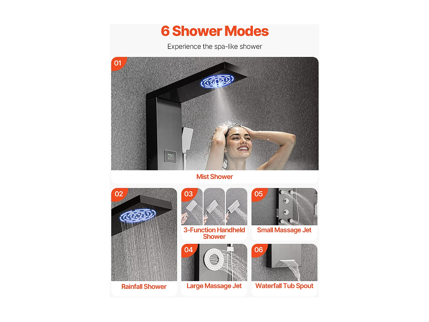 Colonna Doccia con Soffione Effetto Pioggia SucceBuy in Acciaio Inossidabile, Rubinetto 6 Funzioni, 5 Getti per il Corpo e Doccetta, 1345 mm